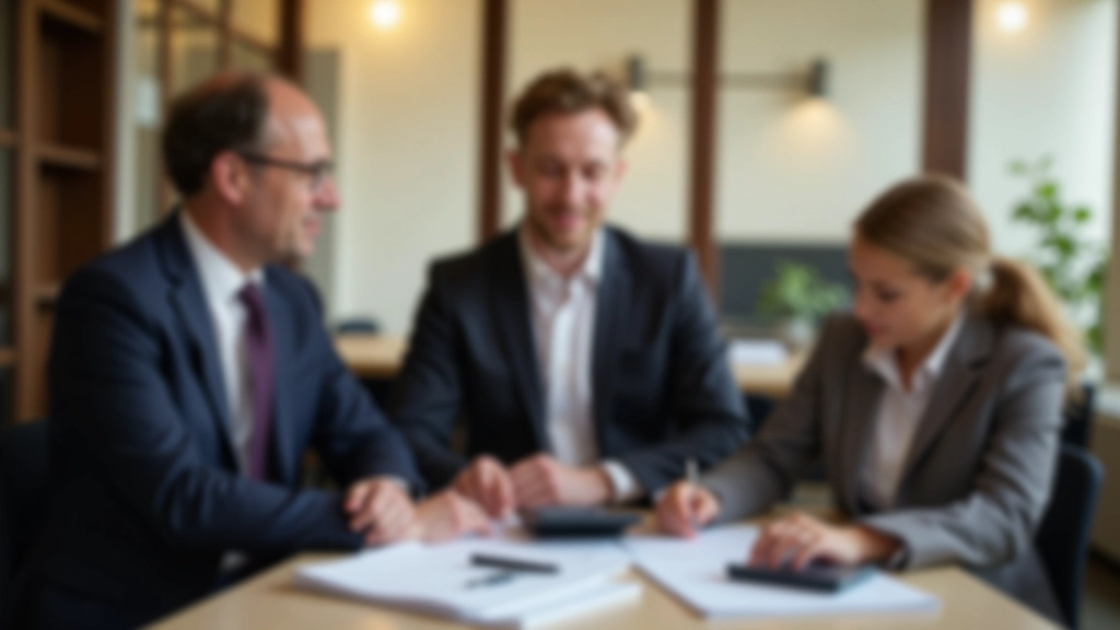 Finanzberater bespricht Optionen mit Familie an Konferenztisch, Dokumente und Taschenrechner sichtbar