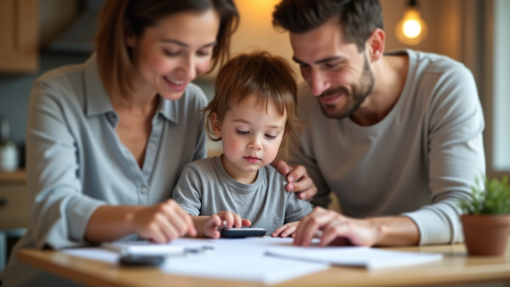 Familie sitzt am Küchentisch und plant Finanzen zusammen mit Notizen und Taschenrechner