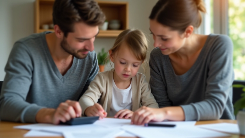 Eltern und Kind planen finanzielle Zukunft mit Dokumenten und Taschenrechner auf dem Schreibtisch