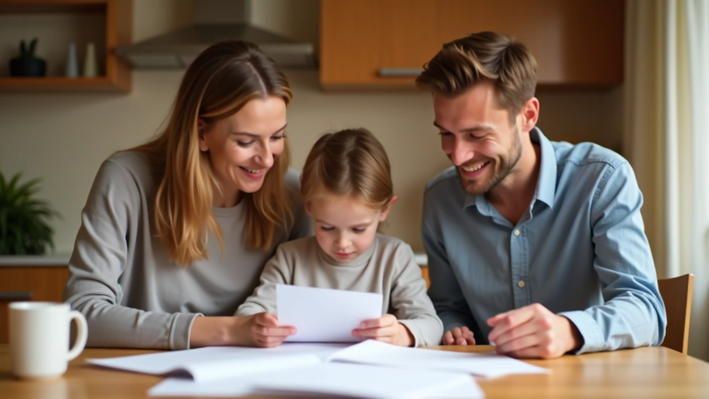 Familie sitzt zusammen am Tisch und plant ihre Finanzen, Dokumente und Notizblock vor ihnen