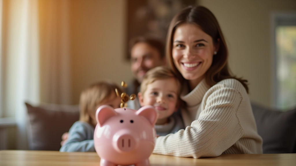 Person füllt Spardose mit Geldmünzen, Familie im Hintergrund sitzt zusammen, warm beleuchteter Raum