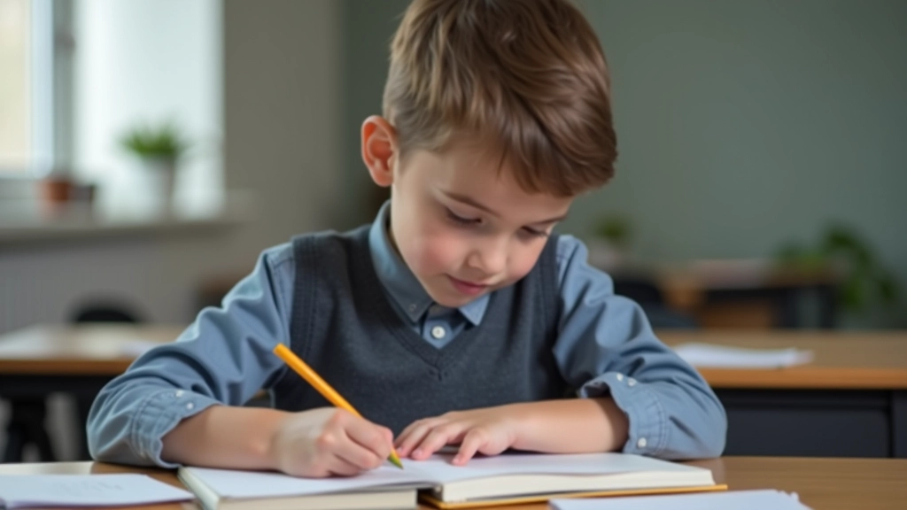 Kind schreibt auf Tafel im Klassenzimmer, Schulumgebung mit Büchern im Hintergrund